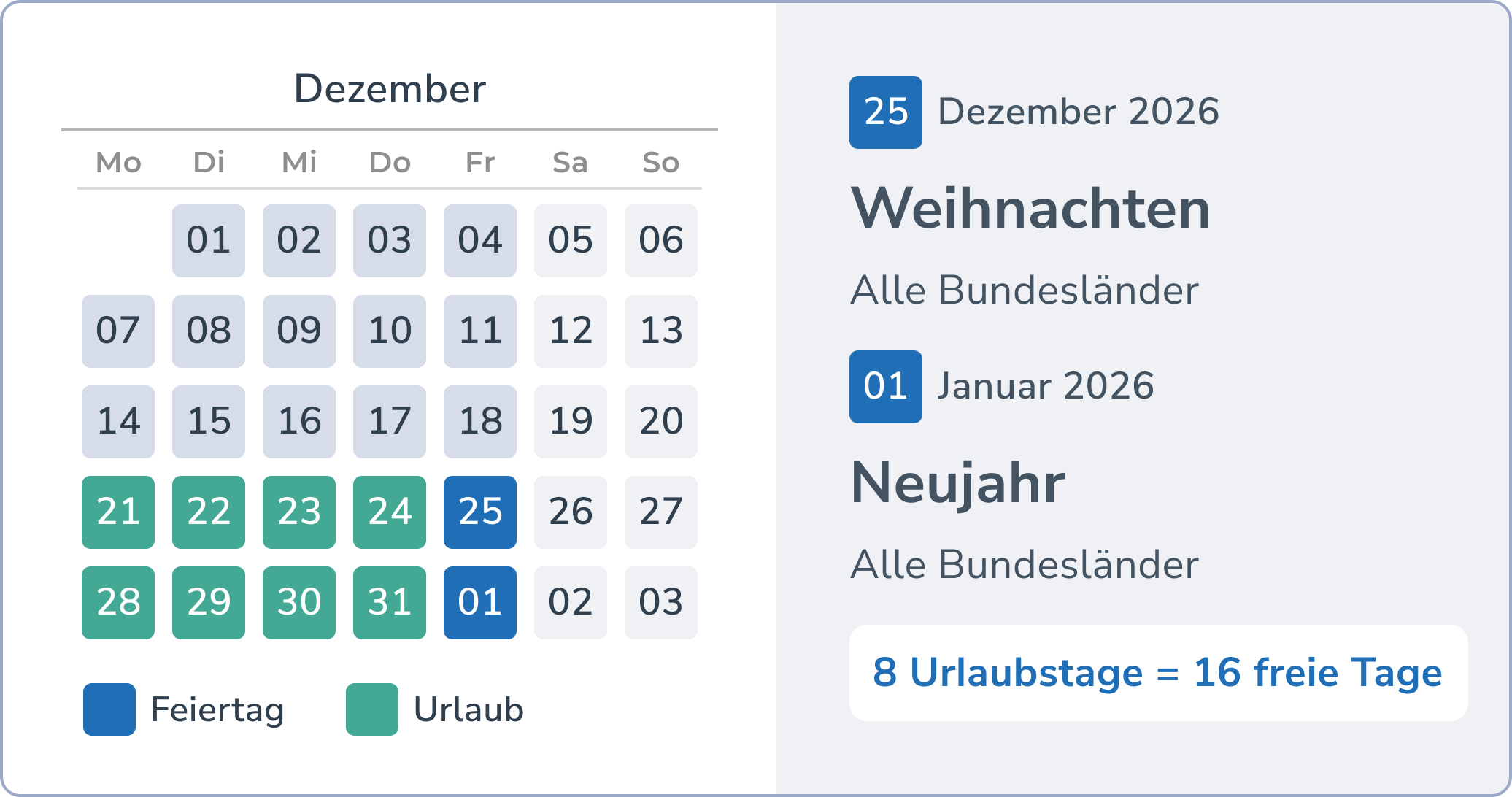 Brückentage und Urlaub im Dezember - Weihnachten