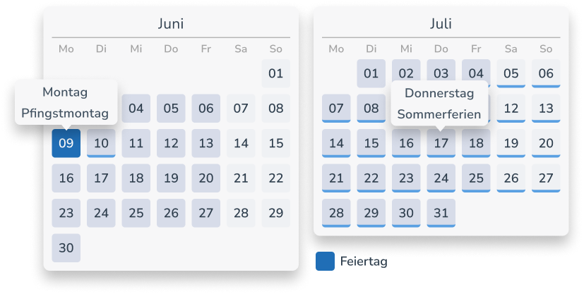 Feiertage und Schulferien auf einem Blick im Kalender (Screenshot)