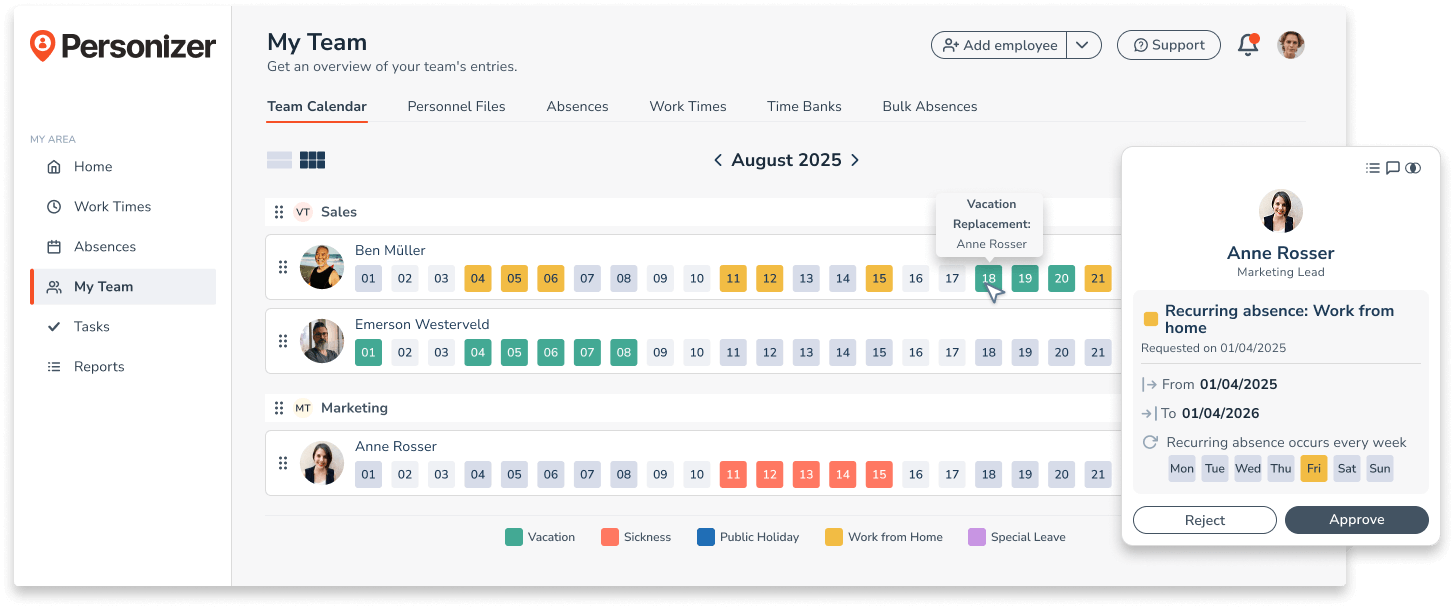 Personizer Absence calendar 