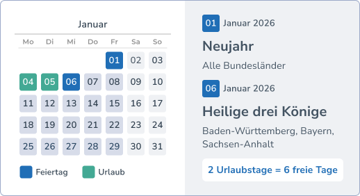 Brückentage und Urlaub im Januar - Neujahr und Heilige drei Könige