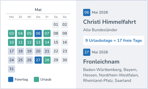 Brückentage und Urlaub im Mai - Tag der Arbeit und Christi Himmelfahrt 