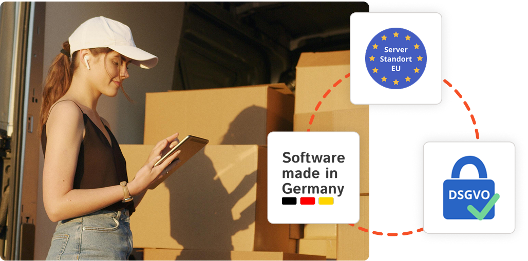 Person im Lager am Tablet