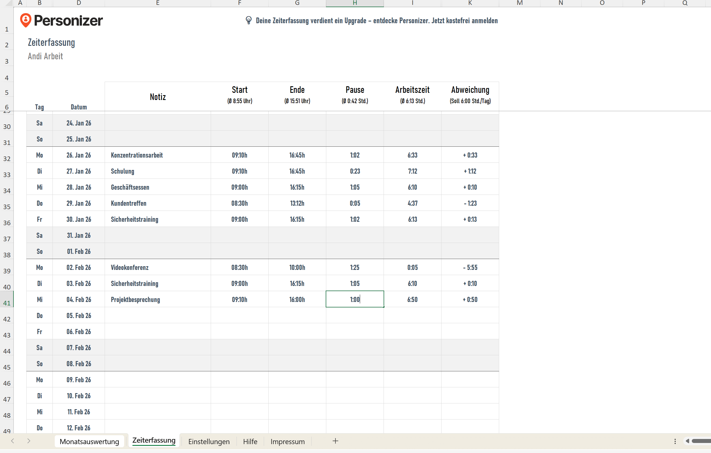 Excel-Arbeitszeiterfassung Erfassungsblatt – tägliche Zeiteingabe mit Datum, Arbeitsbeginn, Arbeitsende, Pausenzeit und automatischer Berechnung der Arbeitsstunden.