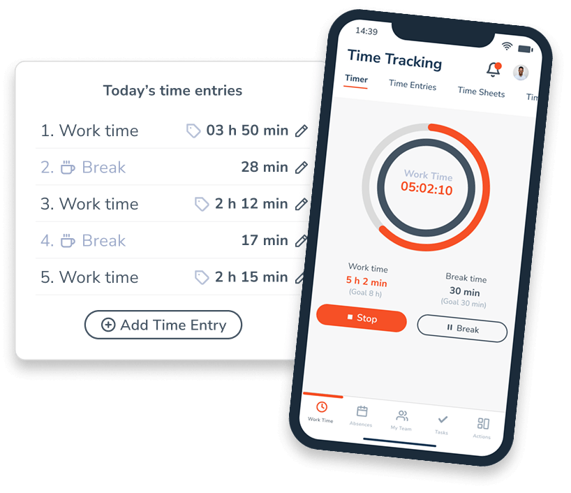 Time entries and timers displayed in app