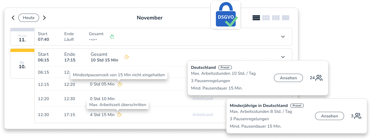 Pausenregelungen Anzeige im Timer