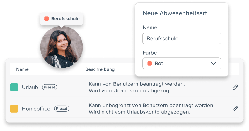 Benutzerdefinierte Einstellungen für Urlaubsverwaltung über Abwesenheitsarten, Benutzerprofile, Feiertage, Schulferien usw. 