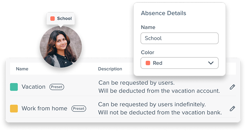 Custom settings for absence management types, user profiles, public holidays, school vacations and much more