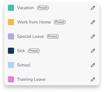 Predefined absence types such as work from home or vacation 