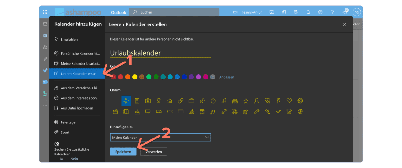 Outlook Urlaubskalender - Farben und Charm auswählen