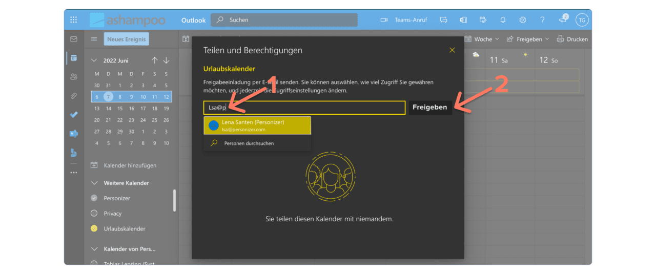 Outlook Urlaubskalender - E-Mail Adresse eingeben