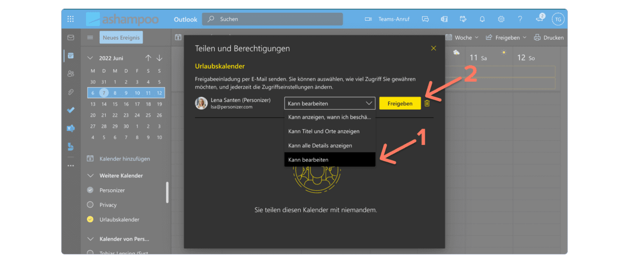 Outlook Urlaubskalender - Berechtigungen zuteilen