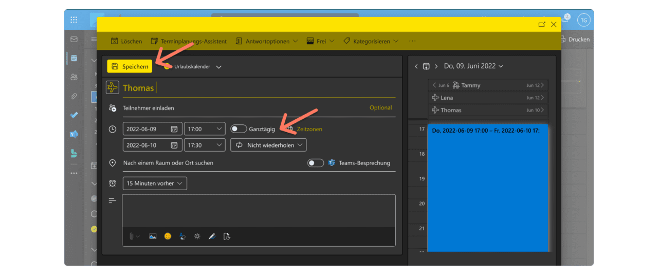 Outlook Urlaubskalender - Ereignisse eintragen und speichern