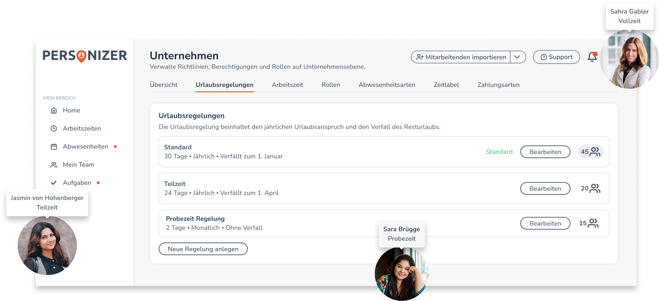 Personizer Urlaubsregelungen Desktop (Screenshot)