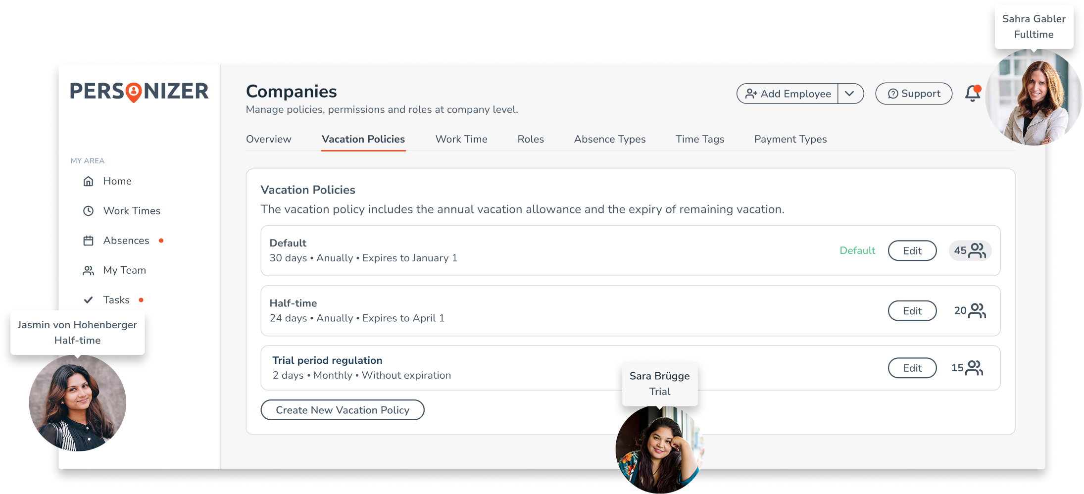 Personizer vacation policy desktop (screenshot)