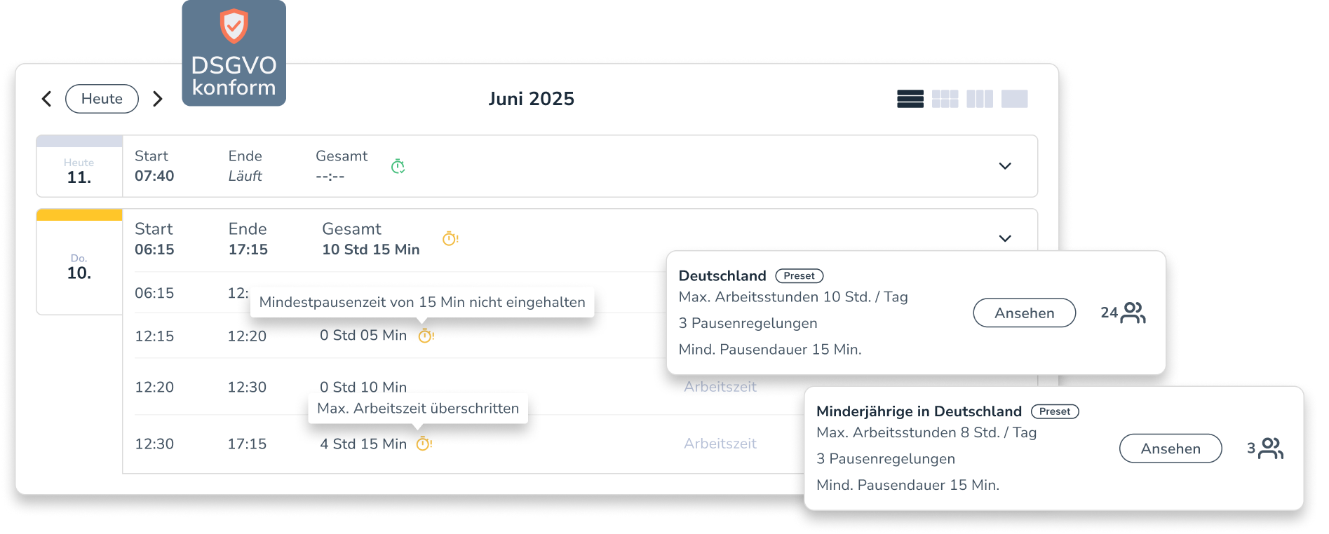 Personizer Rahmenbedingungen in der Zeiterfassung (Screenshot)