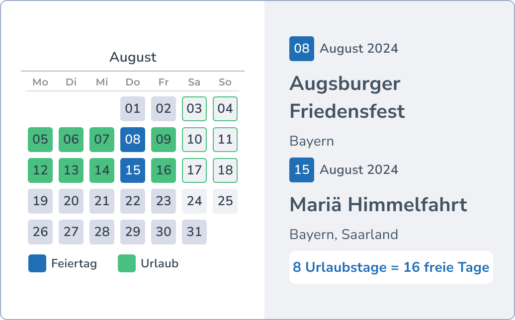 Brückentage und Urlaub im August - Augsburger Friedensfest und Mariä Himmelfahrt
