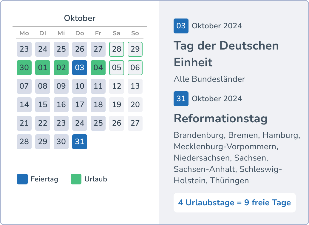 Brückentage und Urlaub im Oktober - Reformationstag